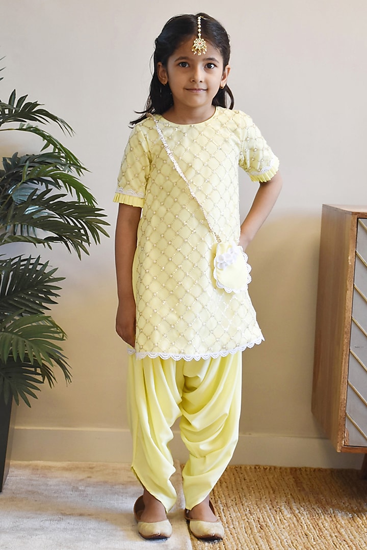 Yellow Net Dhoti Set For Girls by Fayon Kids at Pernia's Pop Up Shop