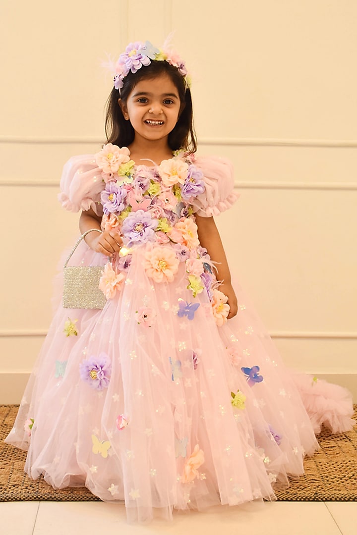 Baby Pink Net 3D Floral Embroidered Gown For Girls by Fayon Kids at Pernia's Pop Up Shop