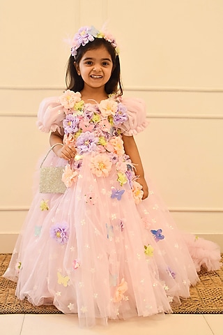 Baby Pink Net 3D Floral Embroidered Gown For Girls by Fayon Kids