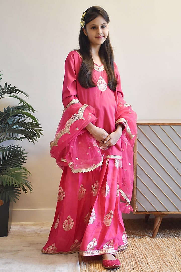 Hot Pink Chanderi Brocade Embroidered Lehenga Set For Girls by Fayon Kids at Pernia's Pop Up Shop