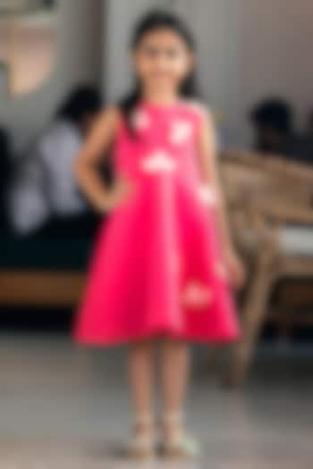 Pink Neoprene 3D Floral Embroidered Dress For Girls by Fayon Kids at Pernia's Pop Up Shop