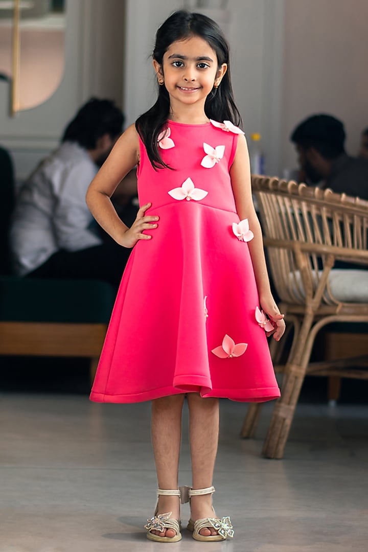 Pink Neoprene 3D Floral Embroidered Dress For Girls by Fayon Kids at Pernia's Pop Up Shop