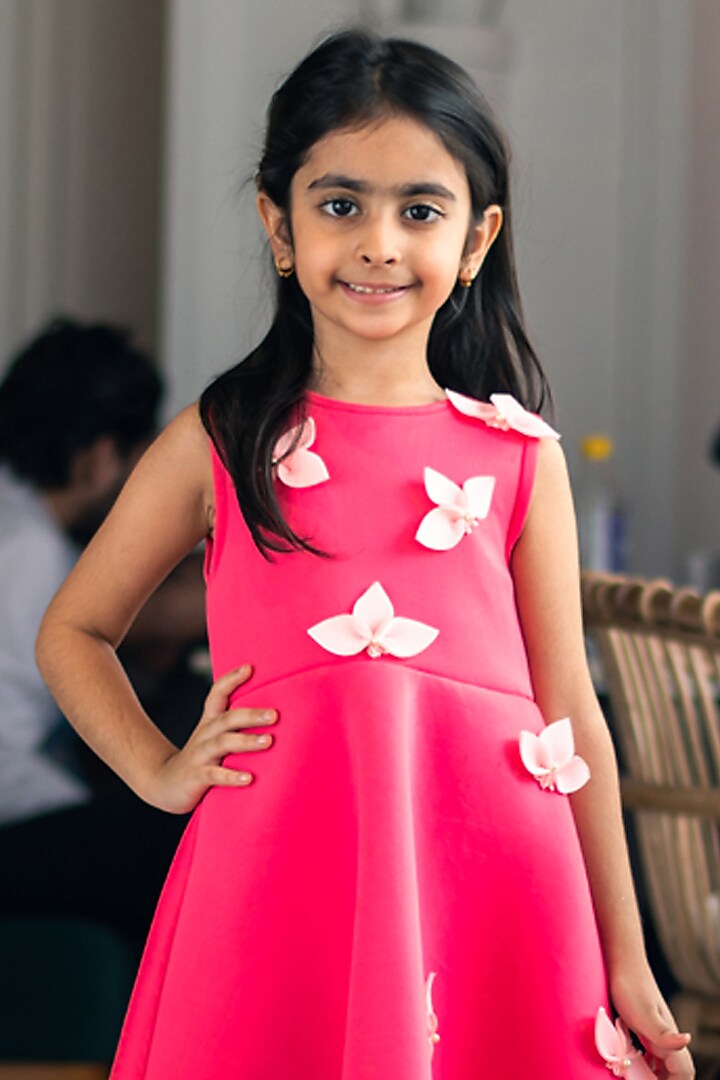 Pink Neoprene 3D Floral Embroidered Dress For Girls by Fayon Kids at Pernia's Pop Up Shop