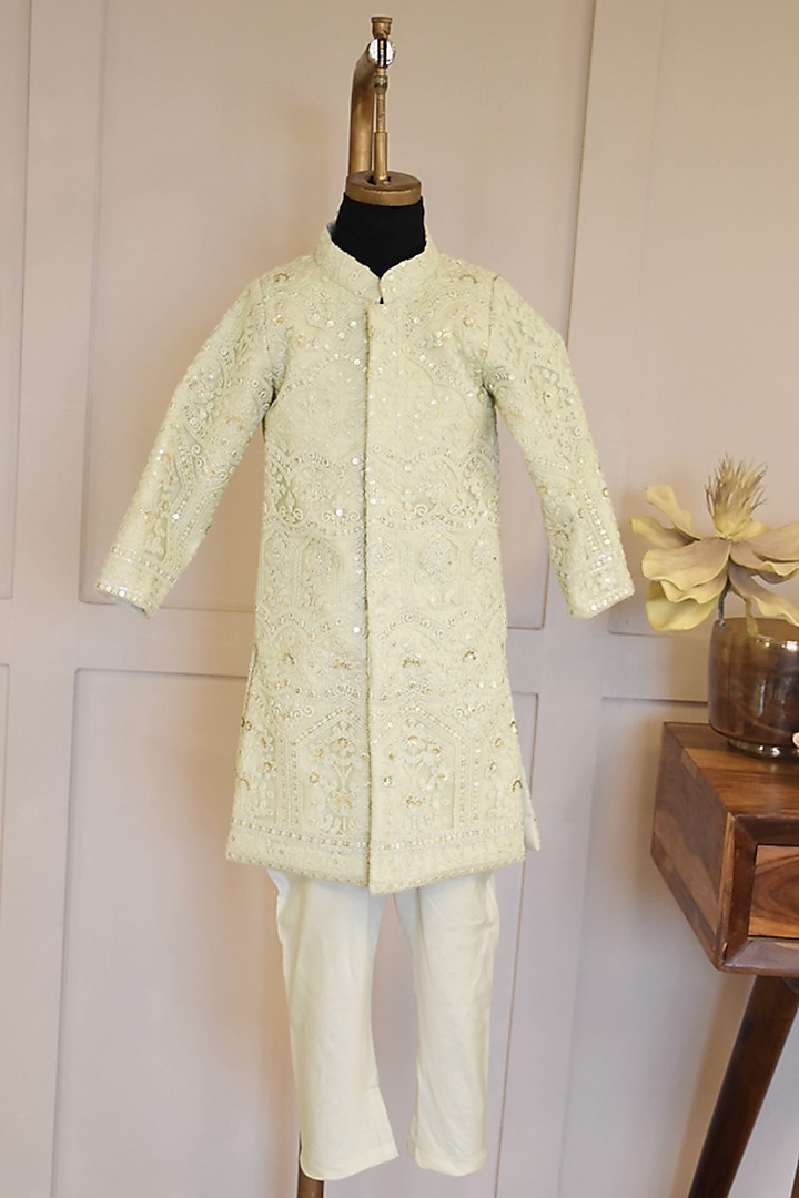 Pista Green Net Embroidered Kurta Set For Boys by Fayon Kids at Pernia's Pop Up Shop