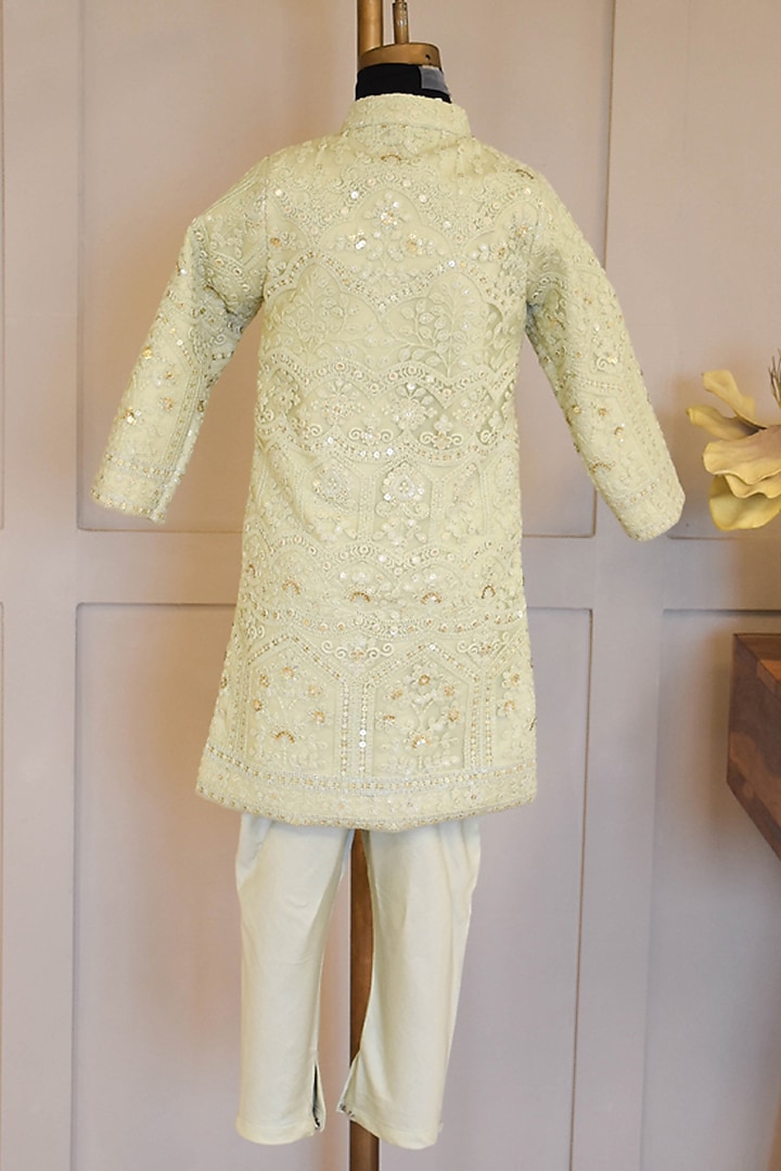 Pista Green Net Embroidered Kurta Set For Boys by Fayon Kids at Pernia's Pop Up Shop