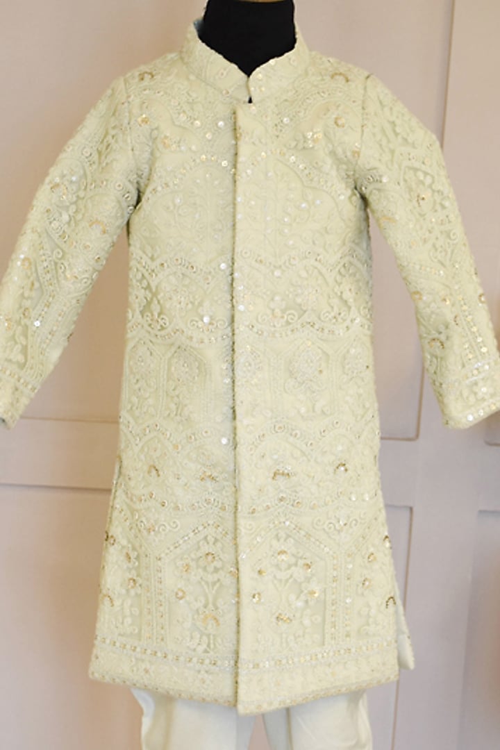 Pista Green Net Embroidered Kurta Set For Boys by Fayon Kids at Pernia's Pop Up Shop