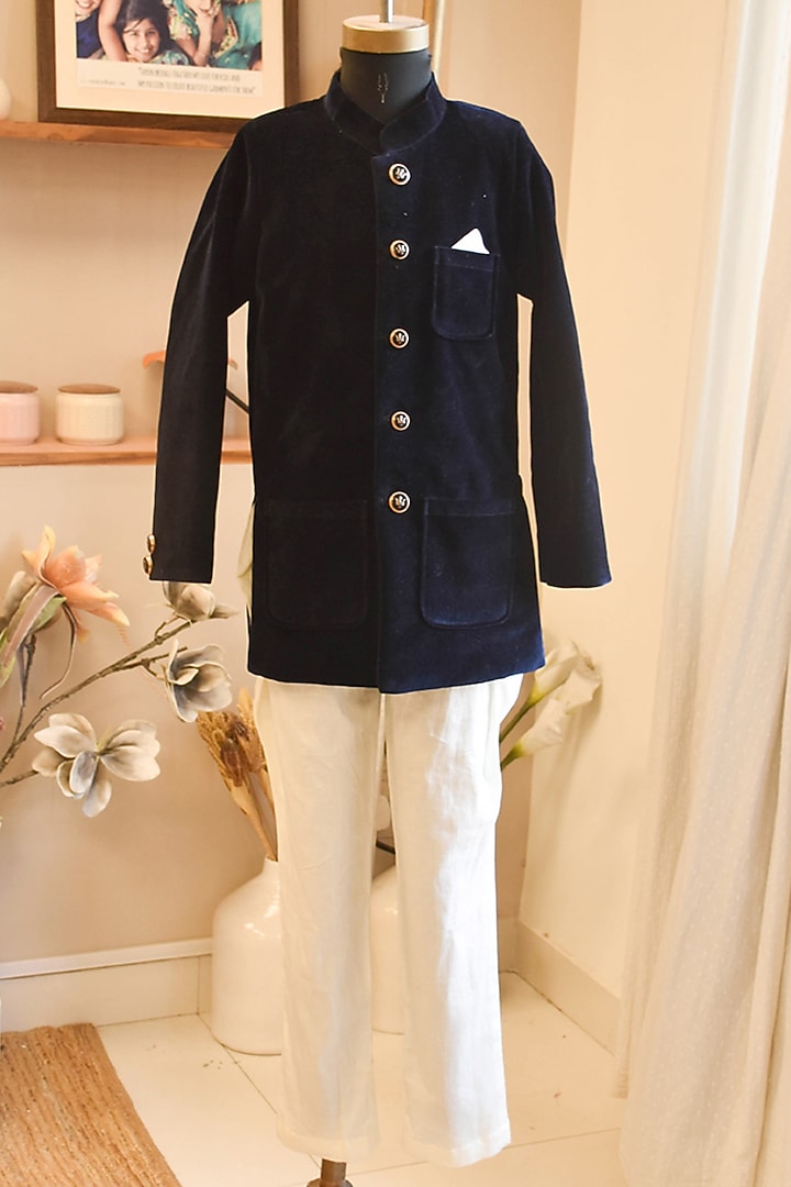 Blue Velvet Bandhgala Set For Boys by Fayon Kids at Pernia's Pop Up Shop