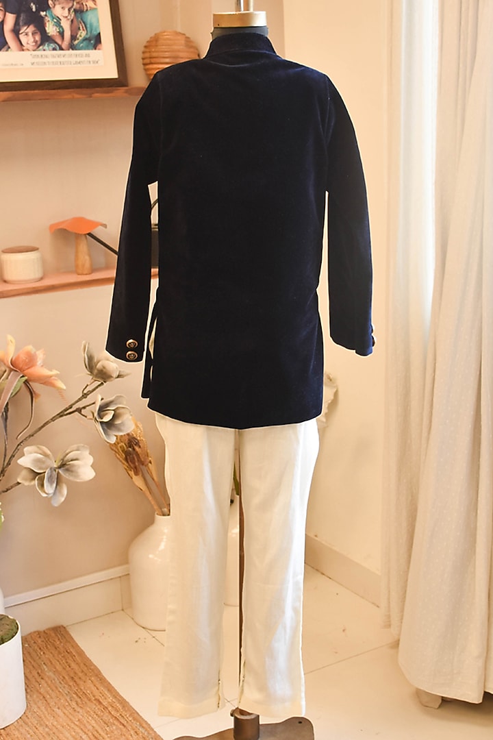 Blue Velvet Bandhgala Set For Boys by Fayon Kids at Pernia's Pop Up Shop