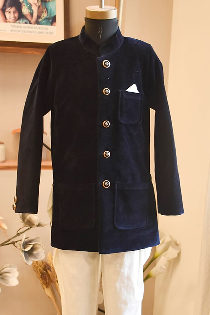 Blue Velvet Bandhgala Set For Boys by Fayon Kids at Pernia's Pop Up Shop