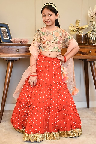 Red Georgette Embroidered Lehenga Set For Girls by Fayon Kids