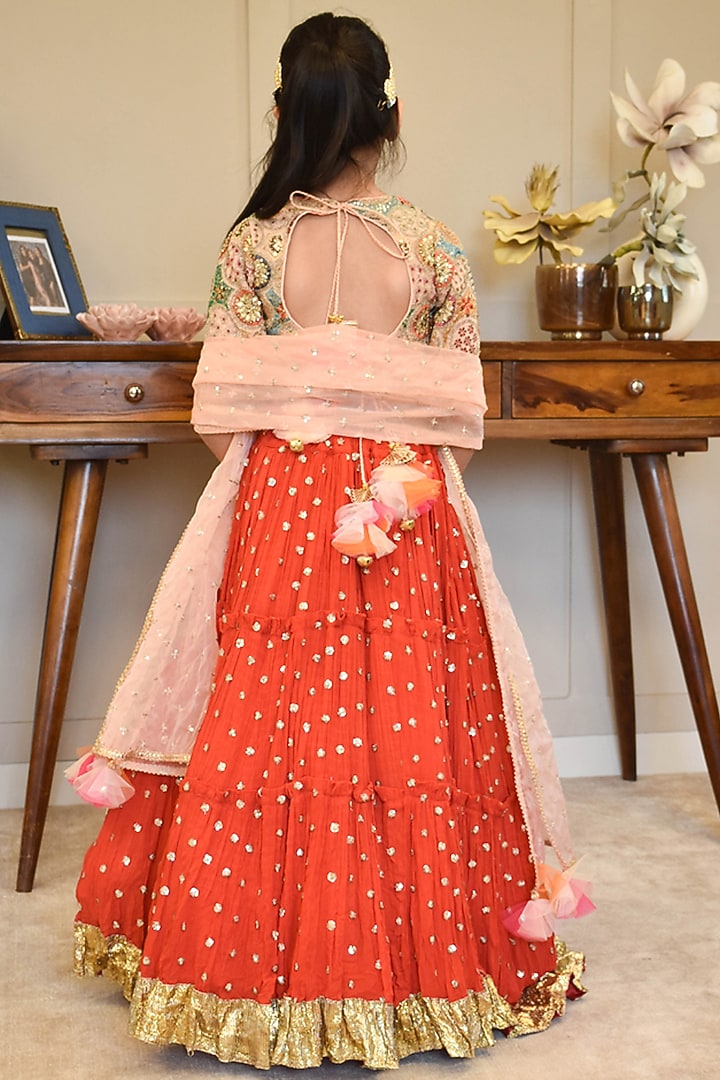 Red Georgette Embroidered Lehenga Set For Girls by Fayon Kids at Pernia's Pop Up Shop
