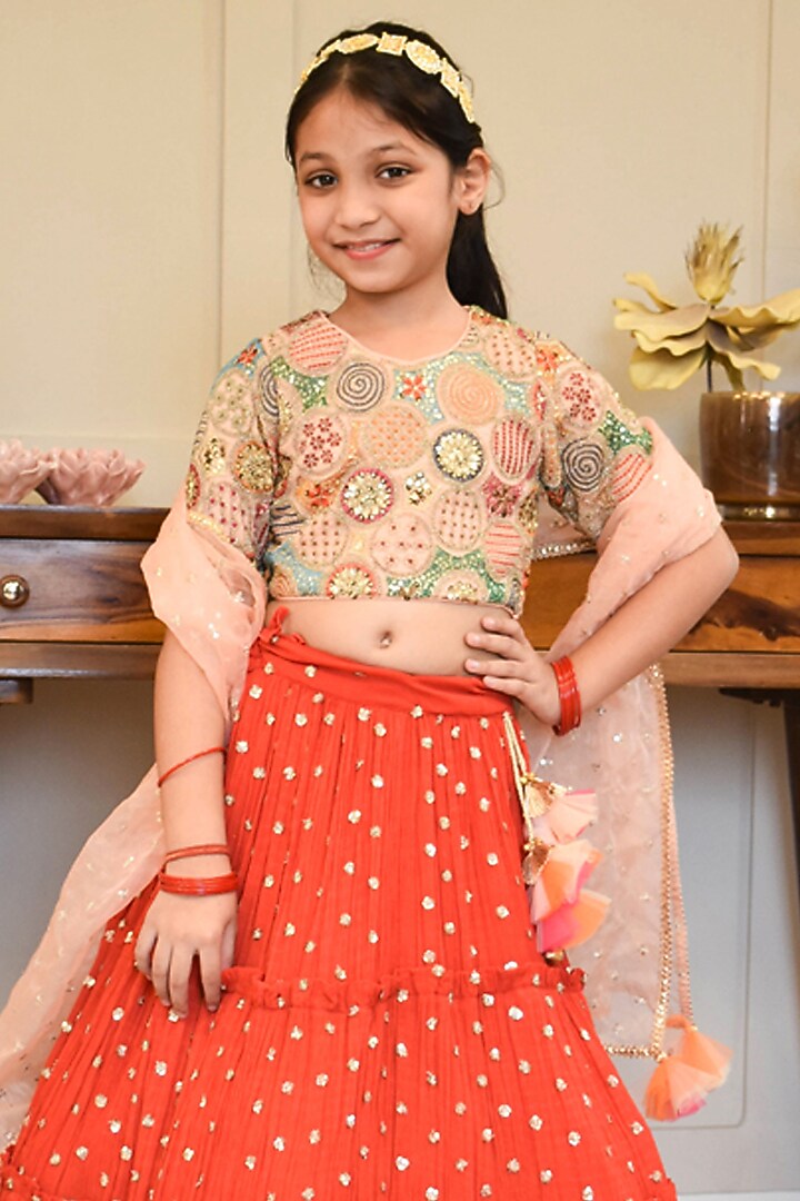 Red Georgette Embroidered Lehenga Set For Girls by Fayon Kids at Pernia's Pop Up Shop