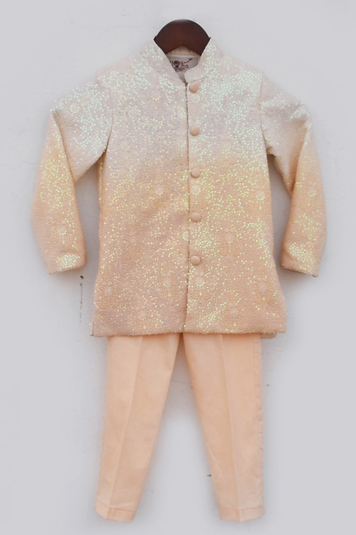 Peach Georgette Embroidered Ombre Bandhgala Set For Boys by Fayon Kids at Pernia's Pop Up Shop