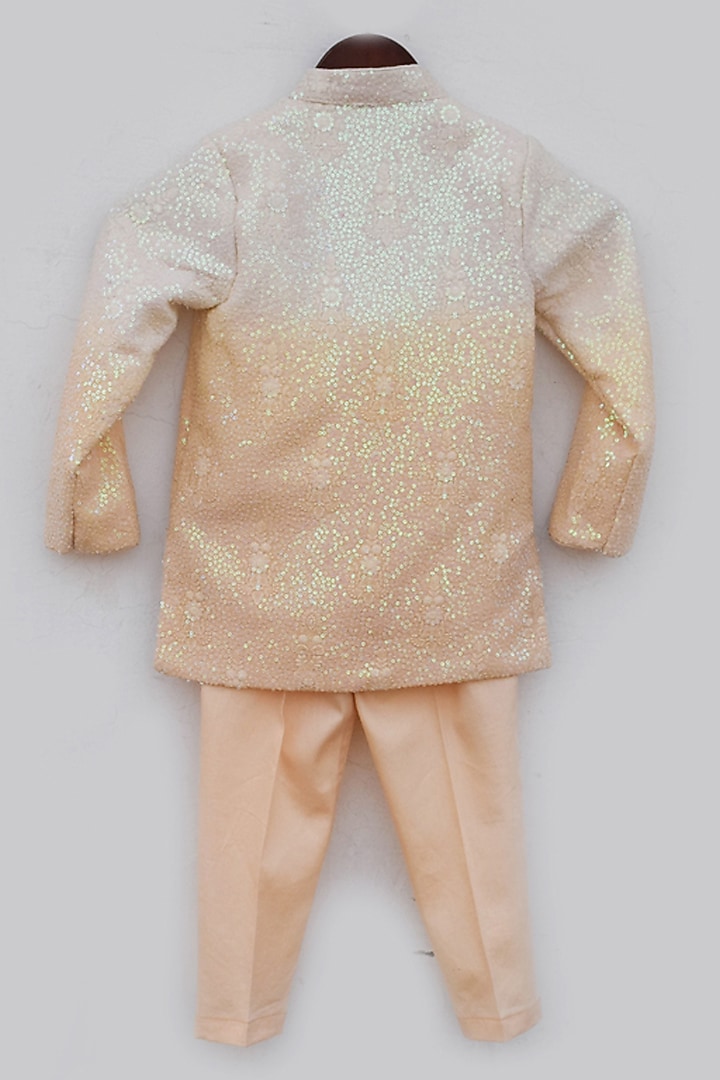 Peach Georgette Embroidered Ombre Bandhgala Set For Boys by Fayon Kids at Pernia's Pop Up Shop