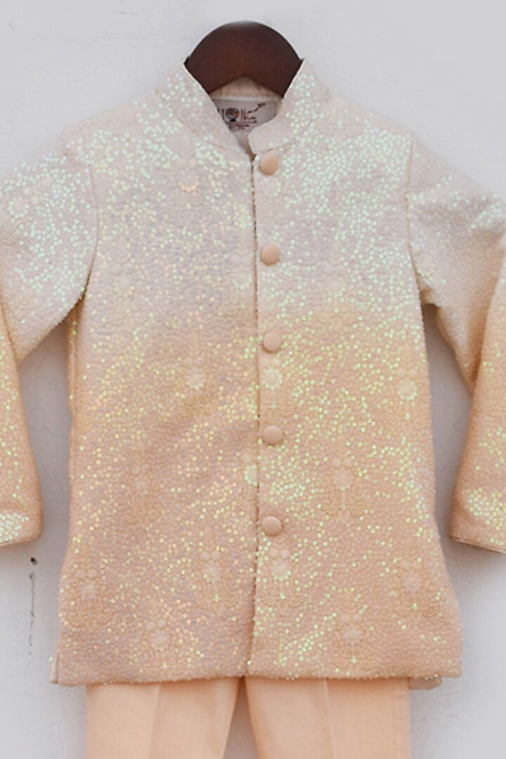 Peach Georgette Embroidered Ombre Bandhgala Set For Boys by Fayon Kids at Pernia's Pop Up Shop