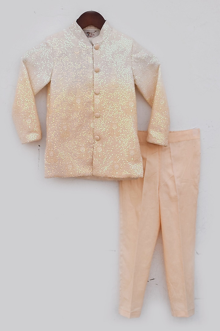 Peach Georgette Embroidered Ombre Bandhgala Set For Boys by Fayon Kids at Pernia's Pop Up Shop