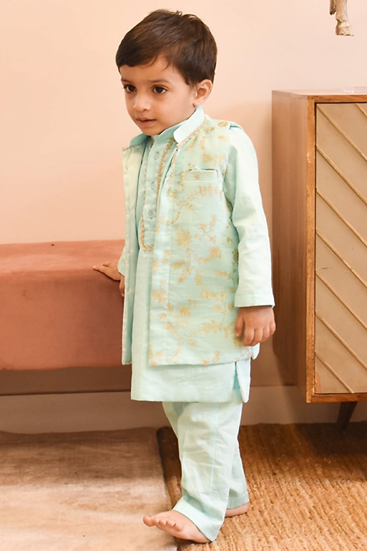 Blue Chanderi & Glace Cotton Aari Embroidered Nehru Jacket Set For Boys by Fayon Kids at Pernia's Pop Up Shop