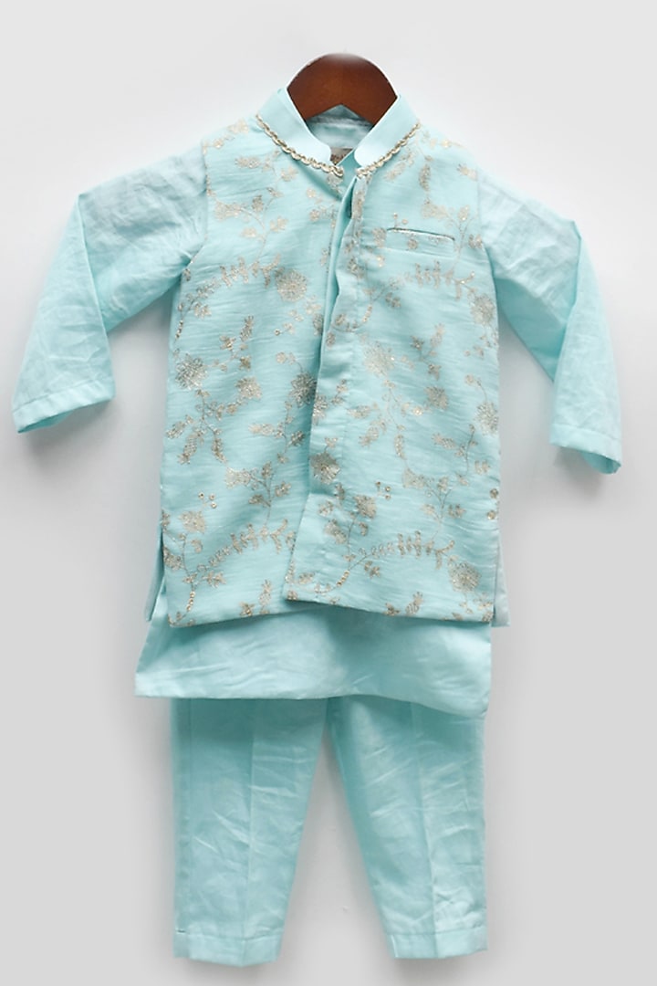 Blue Chanderi & Glace Cotton Aari Embroidered Nehru Jacket Set For Boys by Fayon Kids at Pernia's Pop Up Shop