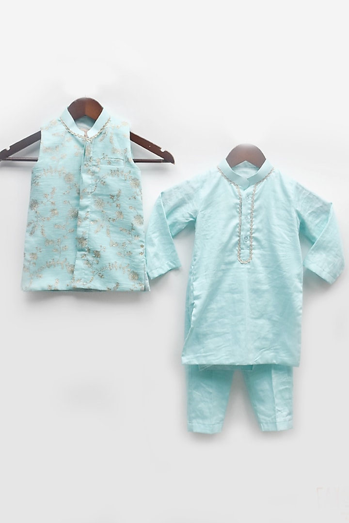 Blue Chanderi & Glace Cotton Aari Embroidered Nehru Jacket Set For Boys by Fayon Kids at Pernia's Pop Up Shop