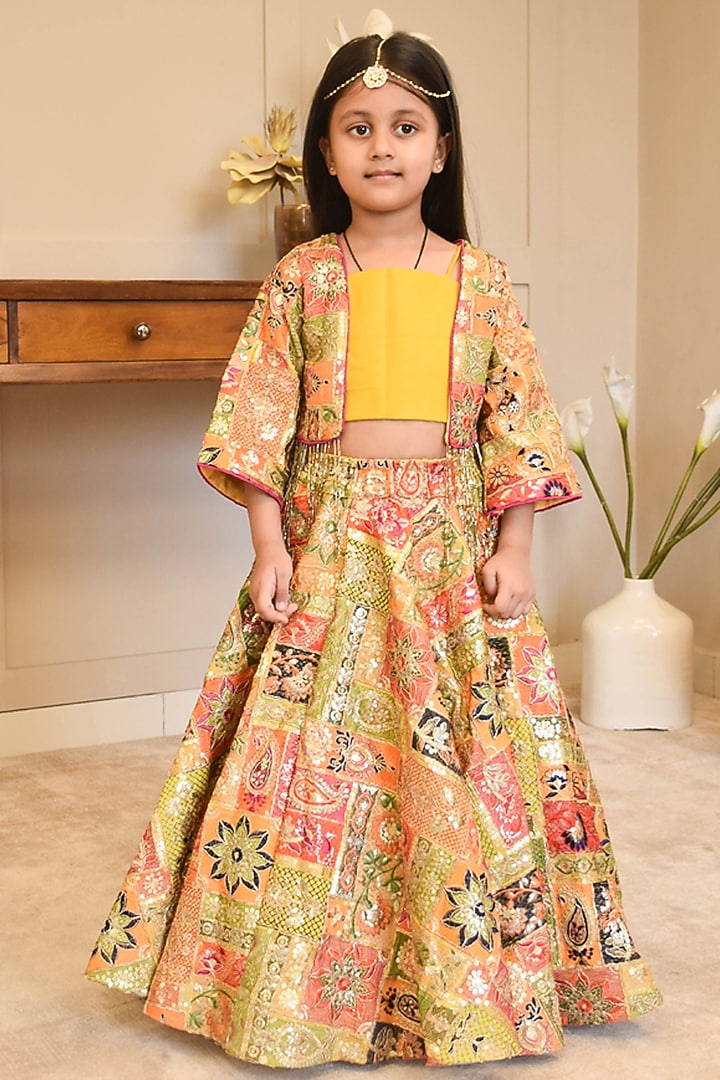 Multi-Colored Georgette & Glace Cotton Thread Embroidered Jacket Set For Girls by Fayon Kids at Pernia's Pop Up Shop