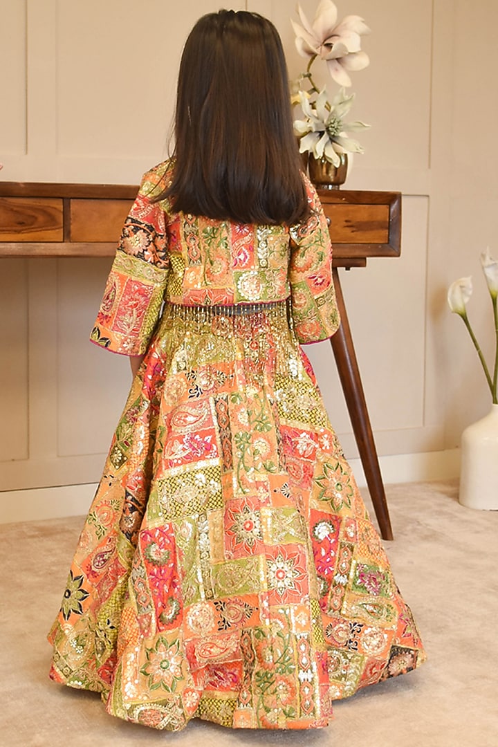 Multi-Colored Georgette & Glace Cotton Thread Embroidered Jacket Set For Girls by Fayon Kids at Pernia's Pop Up Shop