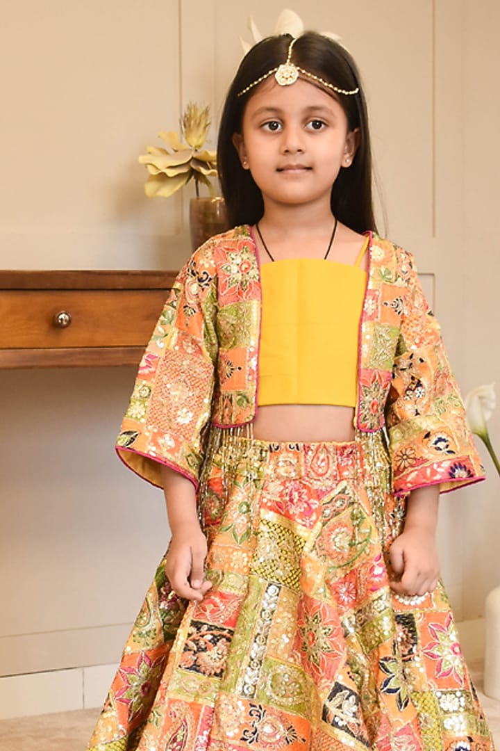 Multi-Colored Georgette & Glace Cotton Thread Embroidered Jacket Set For Girls by Fayon Kids at Pernia's Pop Up Shop