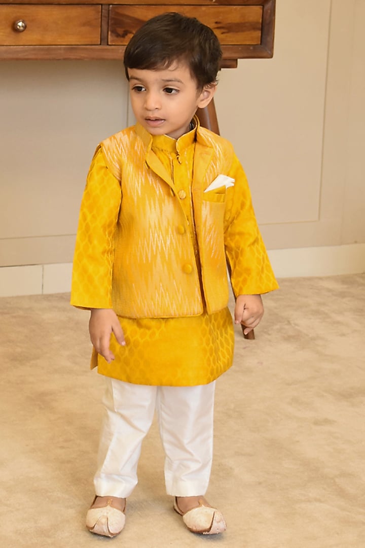 Mustard Yellow Brocade Ikkat Printed Nehru Jacket Set For Boys by Fayon Kids at Pernia's Pop Up Shop