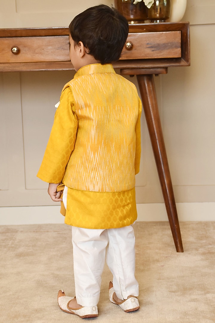 Mustard Yellow Brocade Ikkat Printed Nehru Jacket Set For Boys by Fayon Kids at Pernia's Pop Up Shop