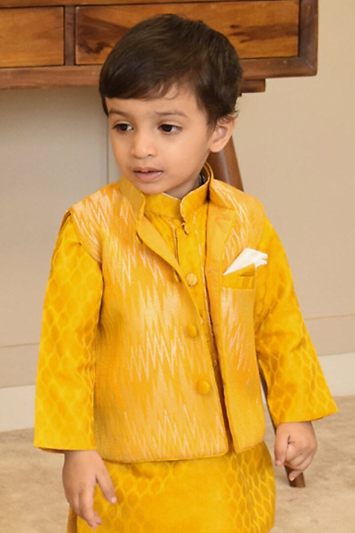 Mustard Yellow Brocade Ikkat Printed Nehru Jacket Set For Boys by Fayon Kids at Pernia's Pop Up Shop