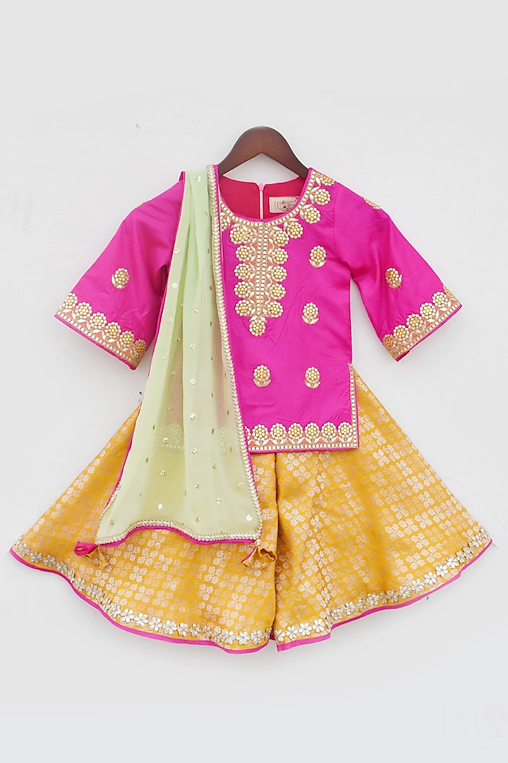 Yellow Brocade Sharara Set For Girls by Fayon Kids at Pernia's Pop Up Shop