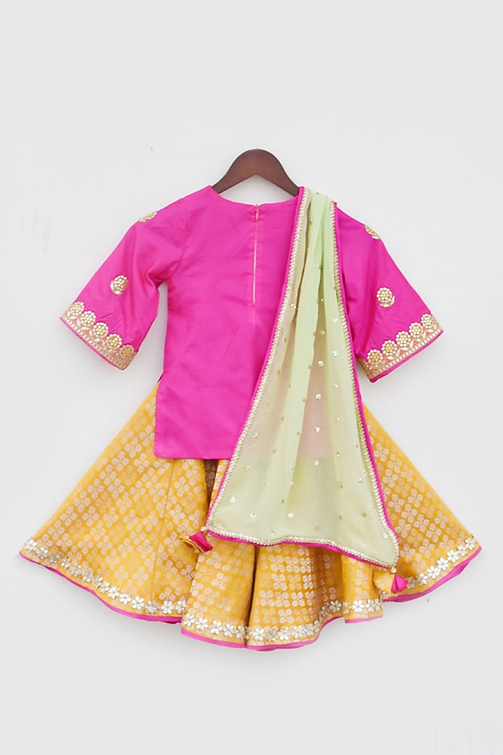 Yellow Brocade Sharara Set For Girls by Fayon Kids at Pernia's Pop Up Shop
