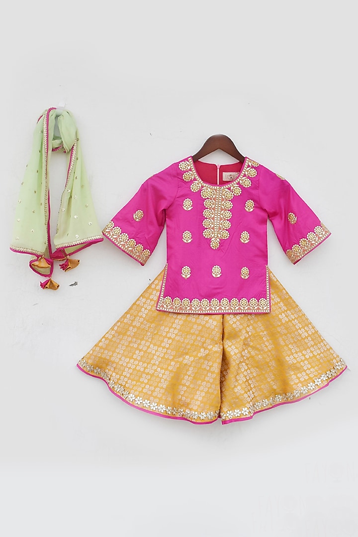 Yellow Brocade Sharara Set For Girls by Fayon Kids at Pernia's Pop Up Shop