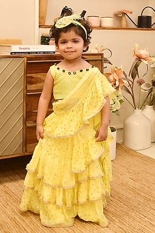 Yellow Chiffon Ruffled Saree For Girls by Fayon Kids