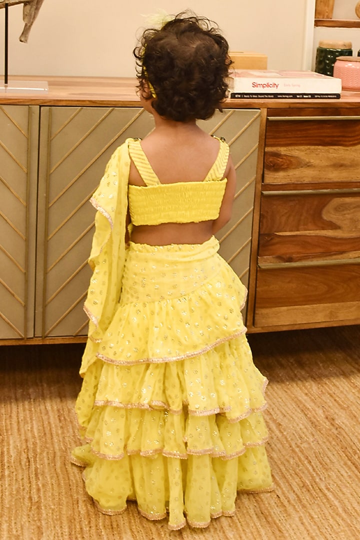 Yellow Chiffon Ruffled Saree For Girls by Fayon Kids at Pernia's Pop Up Shop