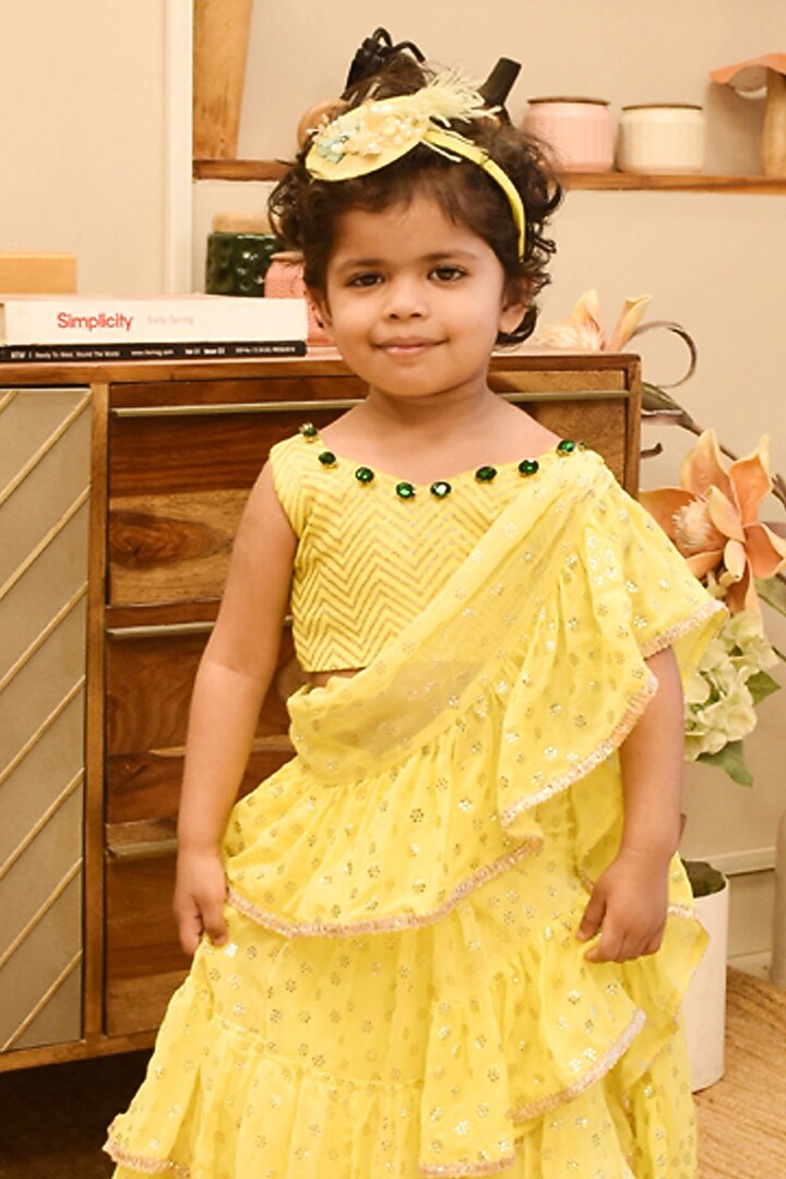 Yellow Chiffon Ruffled Saree For Girls by Fayon Kids at Pernia's Pop Up Shop