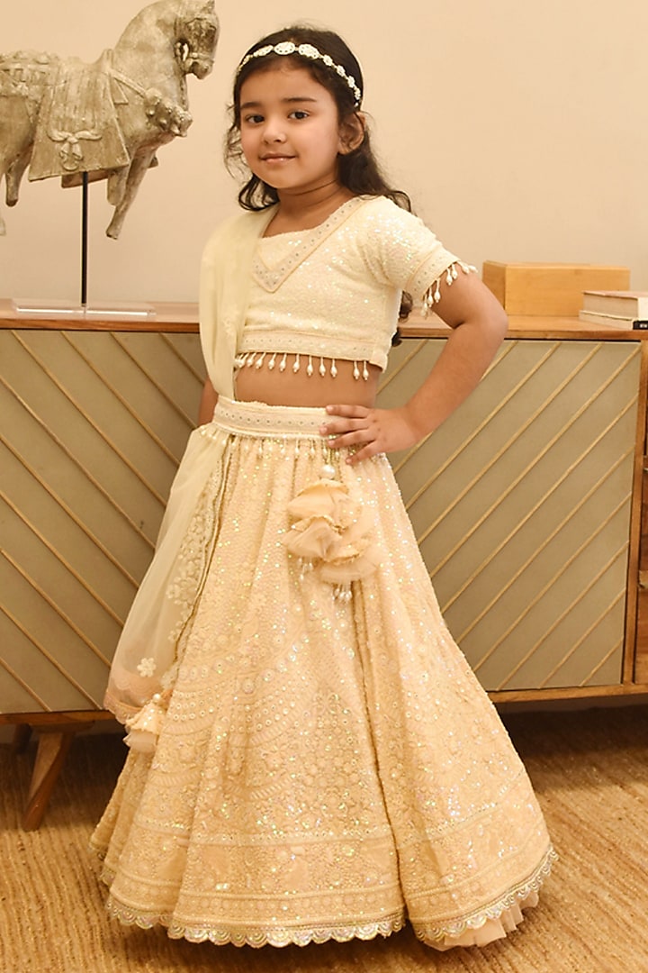 Beige Georgette Thread Embroidered Lehenga Set For Girls by Fayon Kids at Pernia's Pop Up Shop