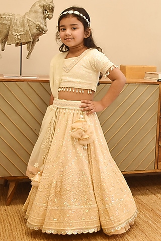 Beige Georgette Thread Embroidered Lehenga Set For Girls by Fayon Kids