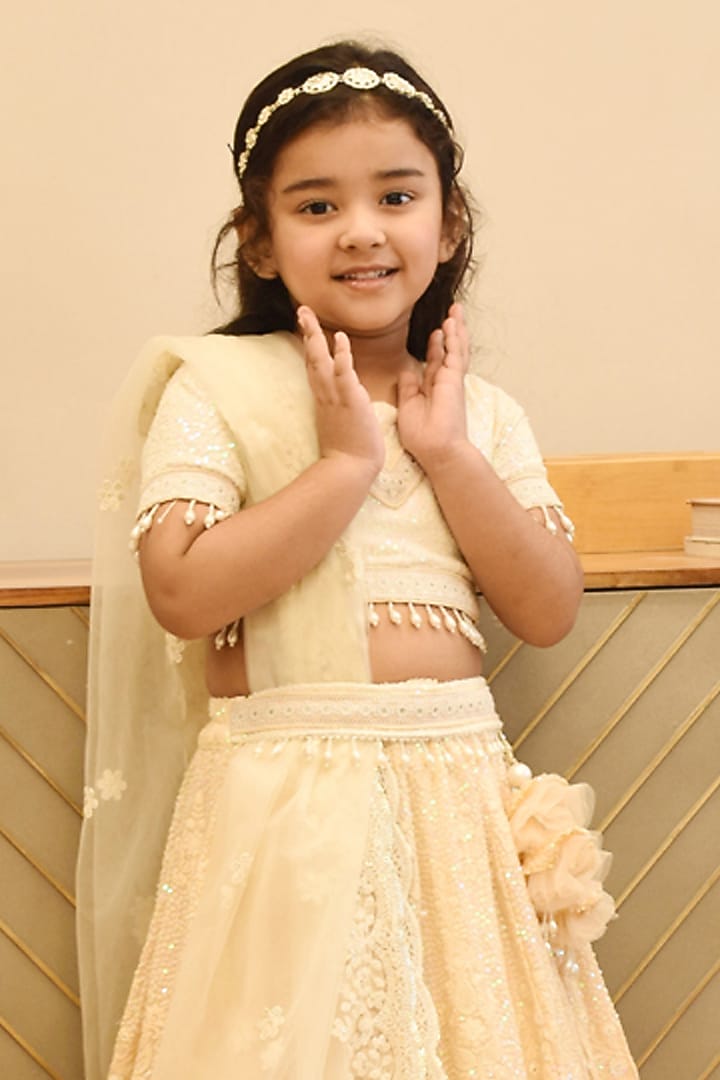 Beige Georgette Thread Embroidered Lehenga Set For Girls by Fayon Kids at Pernia's Pop Up Shop