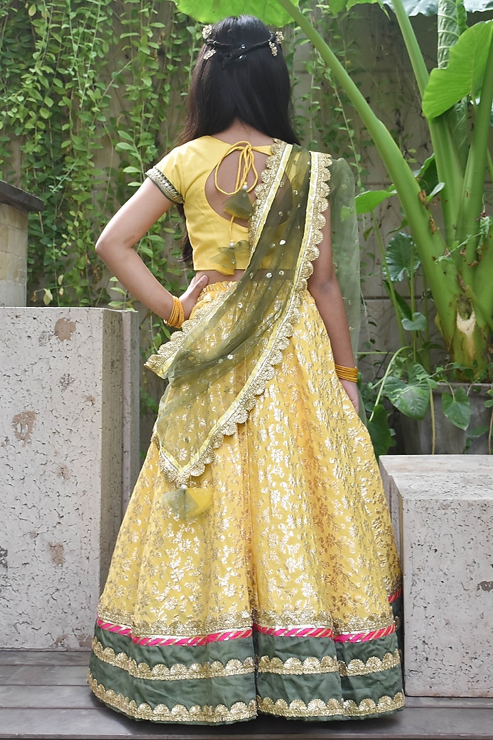 Multi-Colored Chanderi Embroidered Lehenga Set For Girls by Fayon Kids at Pernia's Pop Up Shop
