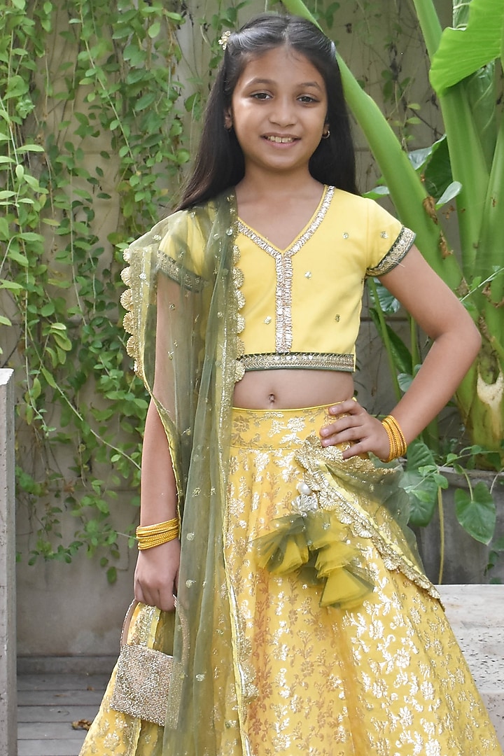 Multi-Colored Chanderi Embroidered Lehenga Set For Girls by Fayon Kids at Pernia's Pop Up Shop