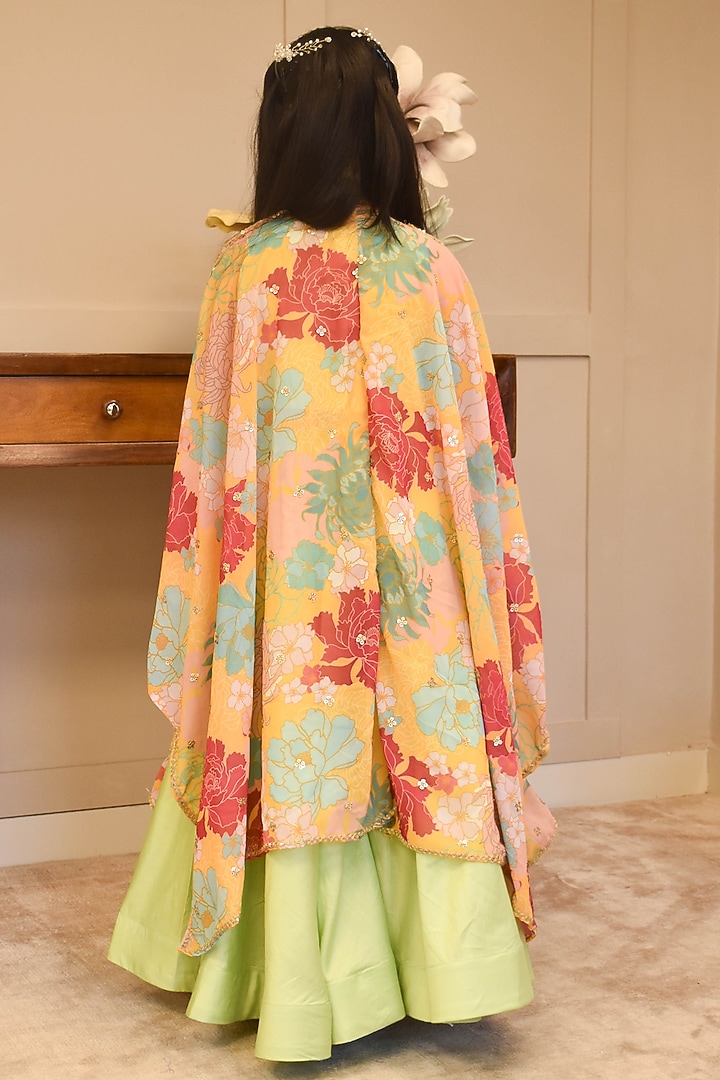 Green Georgette Printed Cape Set For Girls by Fayon Kids at Pernia's Pop Up Shop