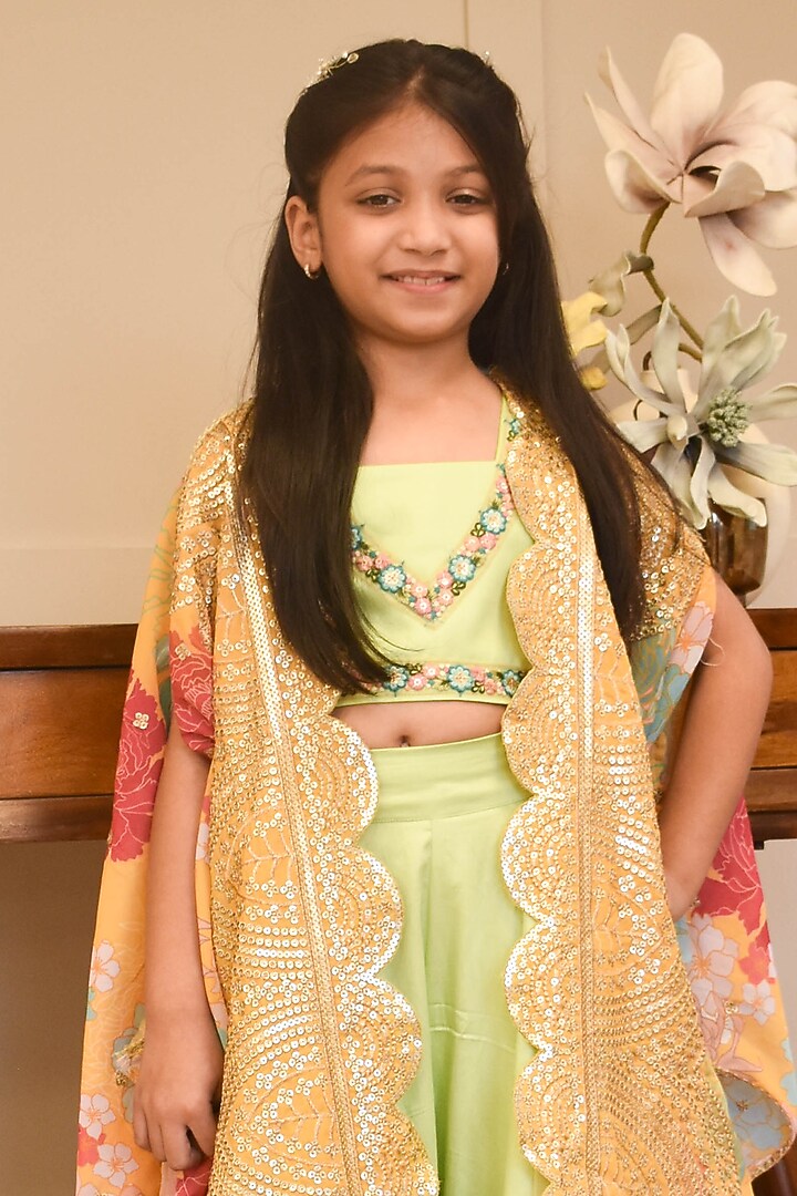 Green Georgette Printed Cape Set For Girls by Fayon Kids at Pernia's Pop Up Shop