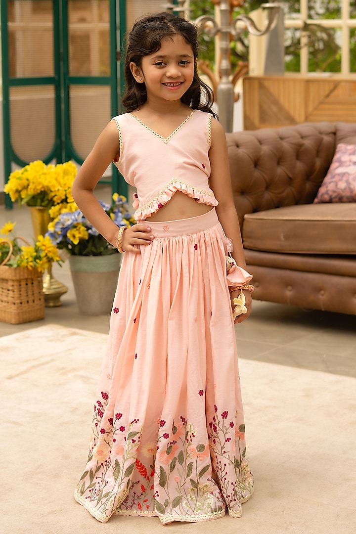 Peach Cotton Embroidered Lehenga Set For Girls by Fayon Kids at Pernia's Pop Up Shop