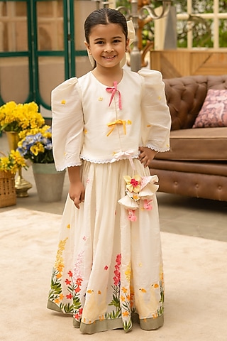 Off-White Cotton Embroidered Lehenga Set For Girls by Fayon Kids