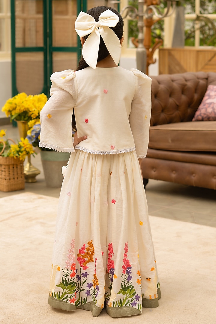 Off-White Cotton Embroidered Lehenga Set For Girls by Fayon Kids at Pernia's Pop Up Shop