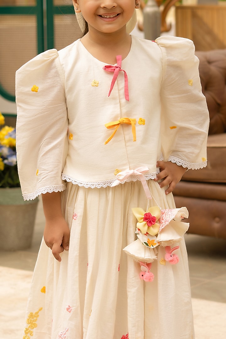Off-White Cotton Embroidered Lehenga Set For Girls by Fayon Kids at Pernia's Pop Up Shop
