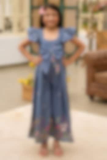 Blue Denim Embroidered Jumpsuit For Girls by Fayon Kids at Pernia's Pop Up Shop