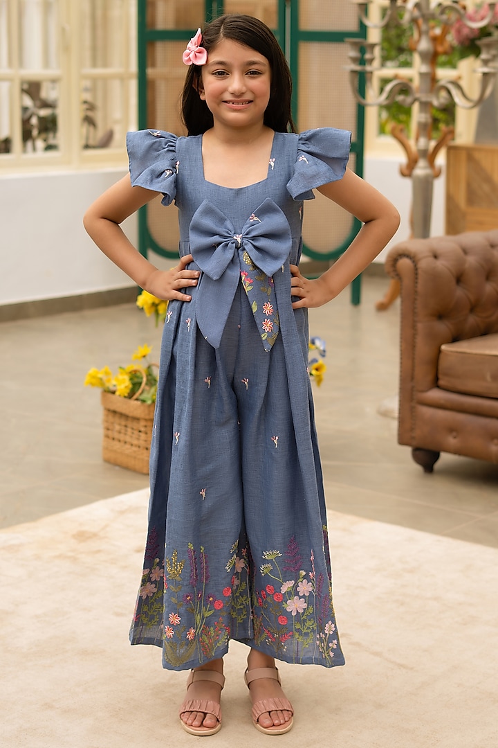 Blue Denim Embroidered Jumpsuit For Girls by Fayon Kids at Pernia's Pop Up Shop