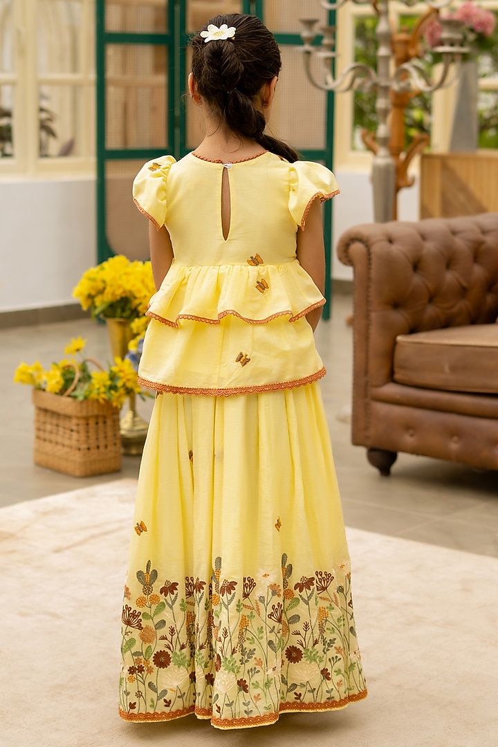 Yellow Cotton Embroidered Lehenga Set For Girls by Fayon Kids at Pernia's Pop Up Shop