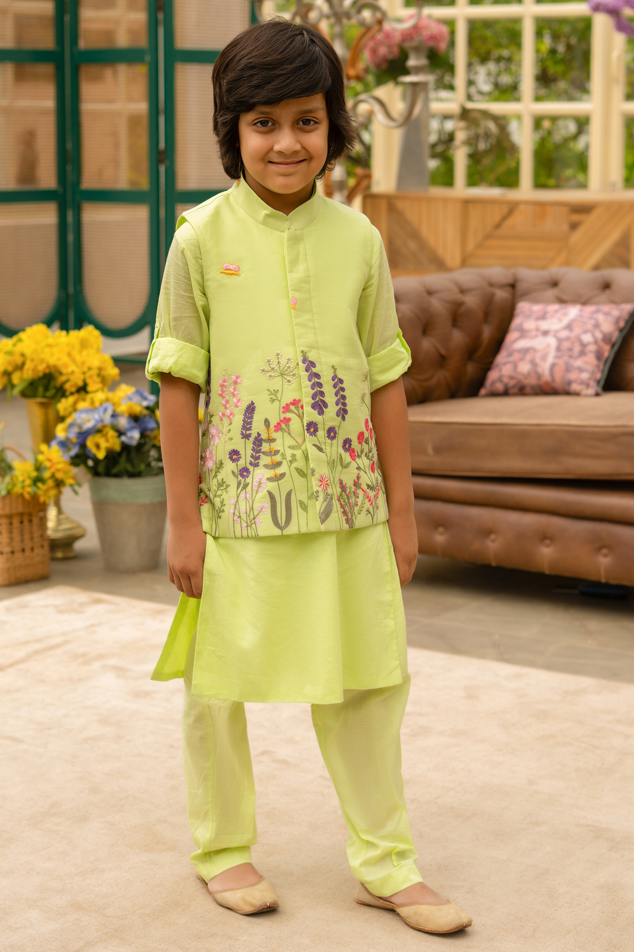 Green Cotton Embroidered Nehru Jacket Set For Boys by Fayon Kids